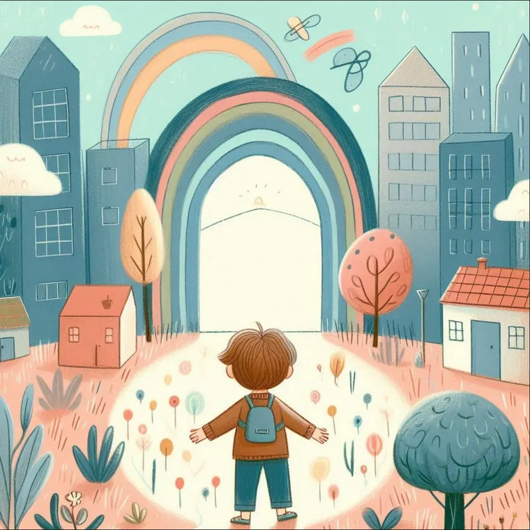 Illustration : un enfant, sac au dos et bras ouverts, s'avance vers une arche arc-en-ciel.